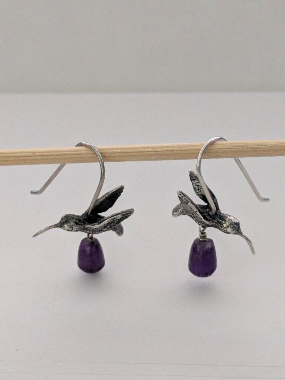 Adorable Sterling Silver Hummingbird Amethyst Signed Dangle Earrings